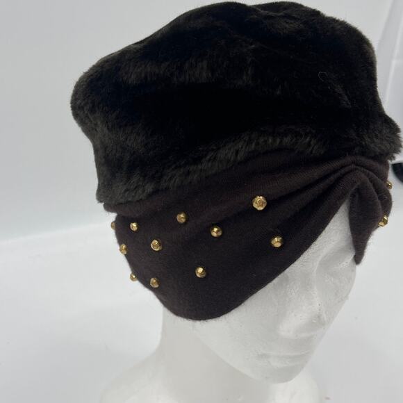 Vtg 60s Faux Fur Turban Womens Hat Gold Stud Jackie O Mad Men Retro Glam Brown - Picture 2 of 7